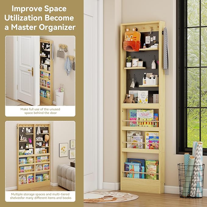 ELECWISH Kids Bookshelf, Behind The Door 70" Tall Bookcase with Open Display Shelves, Wall Mounted Space-Saving Narrow Book Shelf with Pegboard for Children's Study Living Room, Nursery