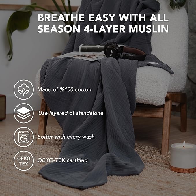 Goqan Throw Blanket 55x60 – 100% Cotton 4 Layer Boho Muslin Blanket for Adults, Lightweight, Soft, Breathable for Bed, Couch - Dark Grey