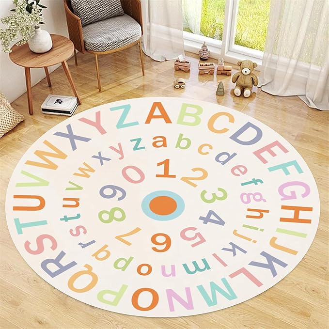 Children's Round Colorful ABC Rug,3.3ft,Soft Fluffy Alphabet Educational Rug, Non-Slip Washable Children's Crawling Game Rug Carpet for Boys Girls Bedroom Playroom Nursery Decoration