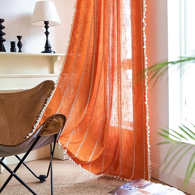 Deeprove Orange Boho Curtains 72 inches Length, Vintage Burnt Bohemian Embroidery Farmhouse Cotton Linen Fringe Window Treatments Autumn Fall Thanksgiving Gothic Halloween Decor, W52 x L72, 1 Panel