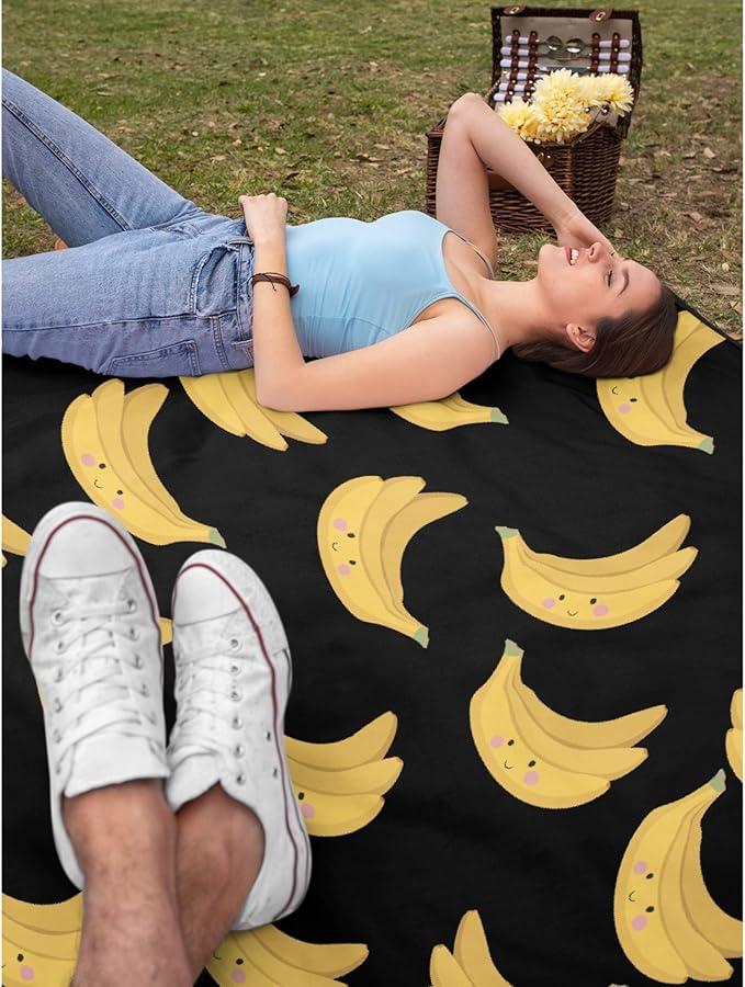 Thuswarm Cute Banana Kawaii Black Flannel Throw Blanket Warm Cozy Soft Funny Print Blankets for Bed Couch Sofa Room Decoration Gifts 120”×90” Extra Large for Family