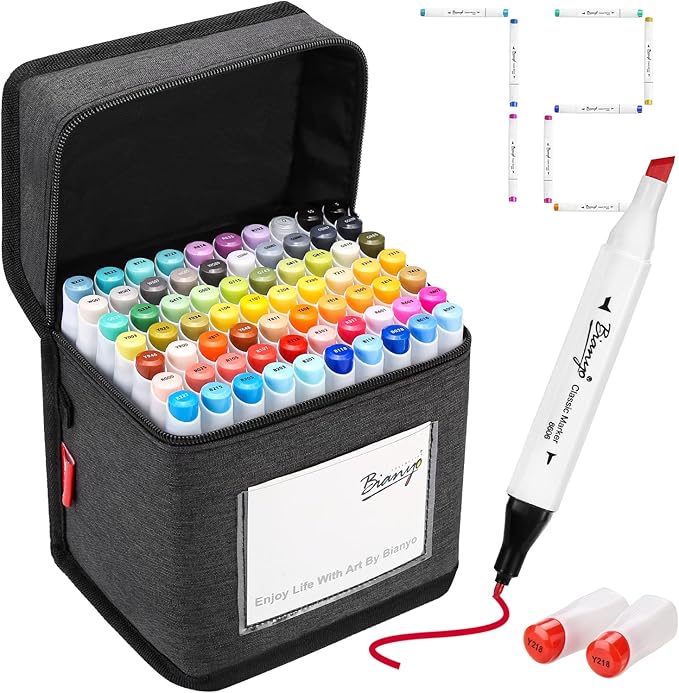 Bianyo 72 Colors Alcohol Markers Set, Dual Tip Art Markers with Fine & Chisel Tips, Black Case with Customizable Card – Ideal for Coloring, Drawing, and Sketching as Thanksgiving & Christmas Gifts