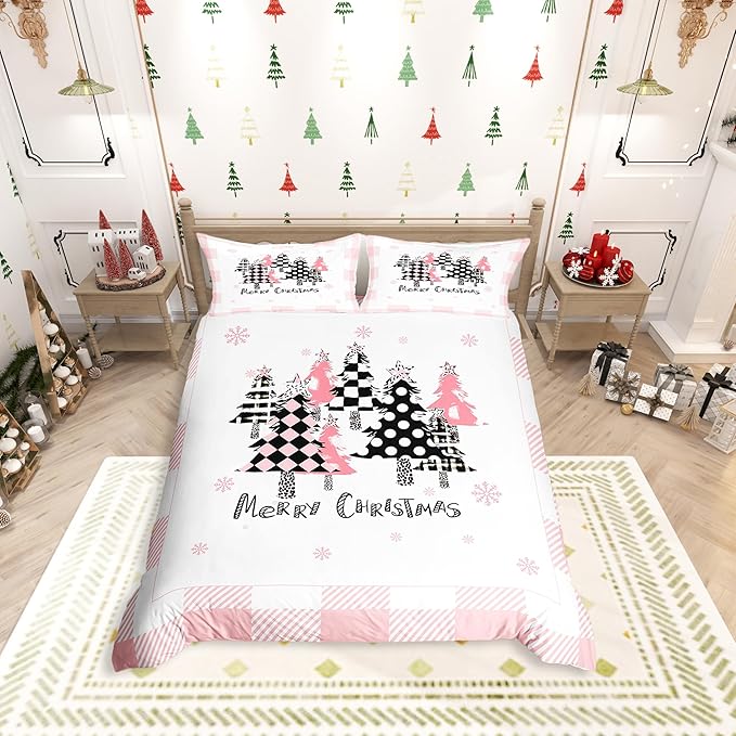 Merry Christmas Duvet Cover Set Twin Size, Pink Plaid Xmas Trees Bedding Set 2pcs, New Year Holiday Quilt Cover with Zipper Closures, Kids Girls Santa Claus Room Decor, 1 Pillowcase, No Comforter