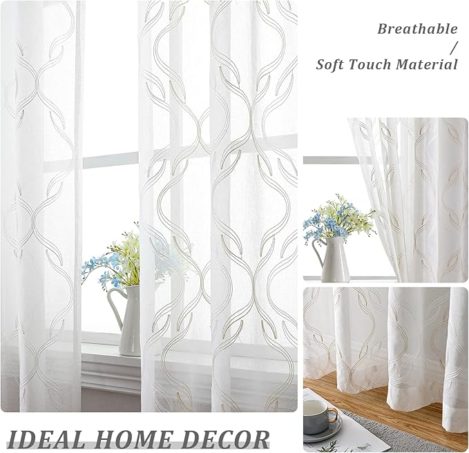 VISIONTEX Sheer Curtains 95 Inches Long 2 Panels Set, Beige and Ivory Moroccan Embroidery Texture Geometric Rod Pocket White Voile Tulle Semi Window Treatment Pair for Bedroom, W54 x L95