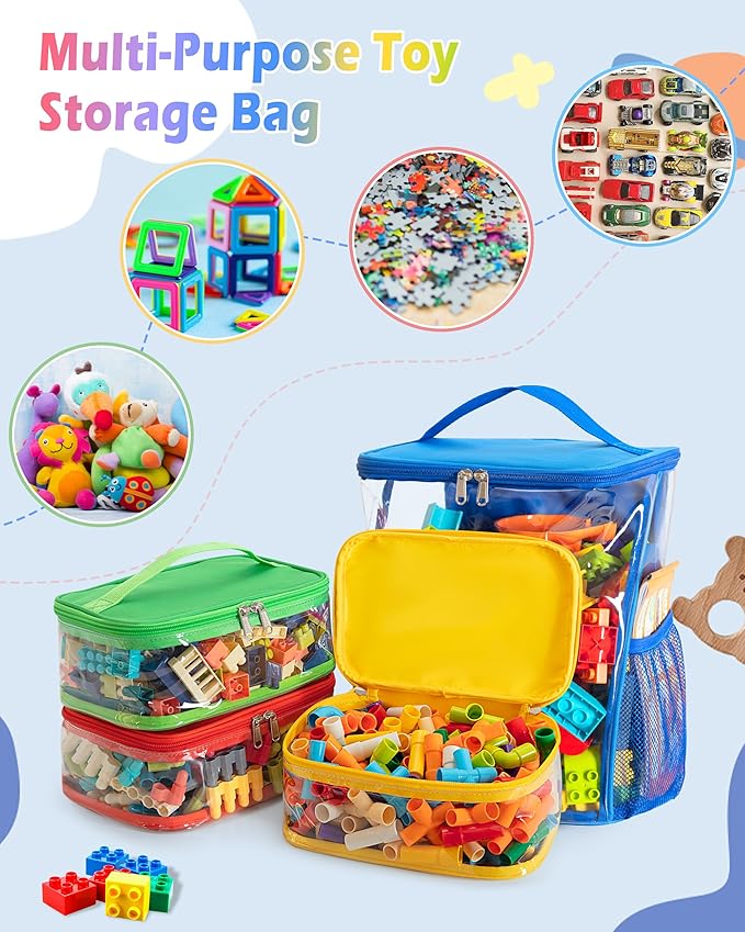 4 Pack Toy Storage Bags with Clear Windows, Toy Organizer Bags for Blocks, Magnetic Building Tiles, Dolls, 4 Piece Set (Blue + Orange + Green + Yellow)
