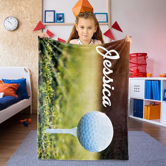 Personalized Golf Blanket Name and Number: Custom Golf Throw Blankets Super Soft Flannel Customized Name Softball Gifts for Kids Boys Girls Women Men Golf Lover(50" x 60" for Teen)