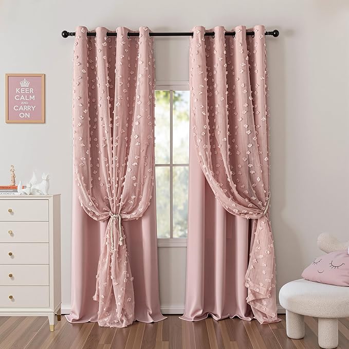 MYSKY HOME Pink Curtains for Bedroom 72 Inches Long Nursery Curtains Pom Pom Pink Sheer Curtains for Girls Room Double Layer for Toddler Bedroom Grommet Room Darkening Window Panels 52 x 72 Inch