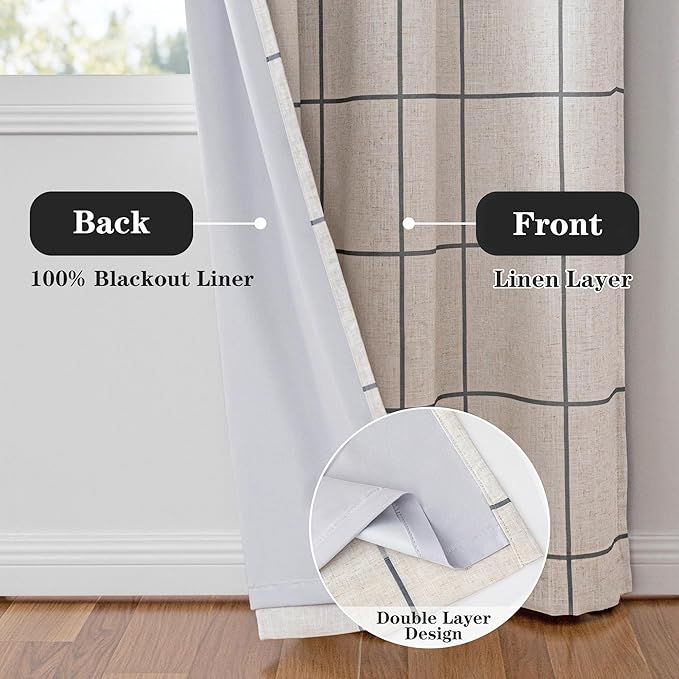 MYSKY HOME 100% Blackout Plaid Linen Curtains 90 Inches Long Double Layer Farmhouse Thermal Insulated Checkered Patterned Drapes Rod Pocket Back Tab for Living Room Dining Room, 2 Pcs, W52, Deep Grey