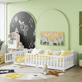 Twin Size Floor Bed for Kids, Wood Montessori Floor Beds with Fence Railings, Door & Slats Support, Twin Playhouse Bed Frame for Boys Girls, No Box Spring Needed, White