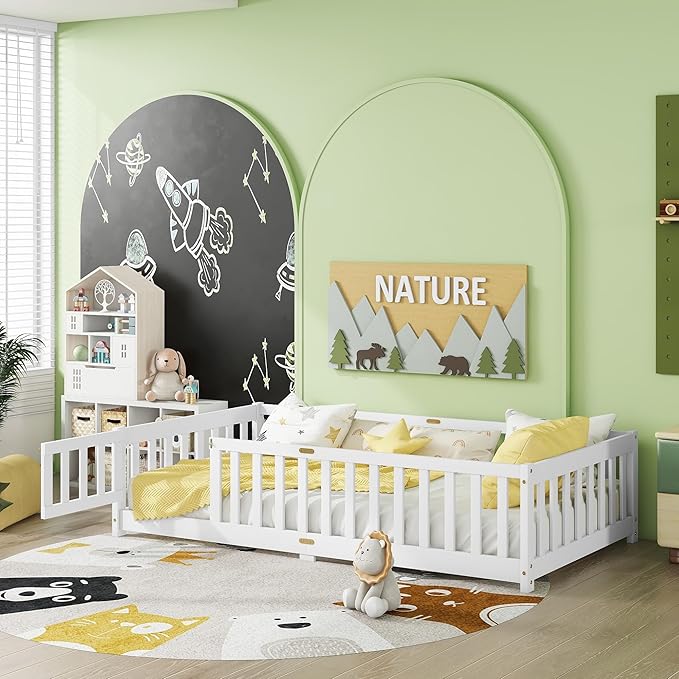 Twin Size Floor Bed for Kids, Wood Montessori Floor Beds with Fence Railings, Door & Slats Support, Twin Playhouse Bed Frame for Boys Girls, No Box Spring Needed, White