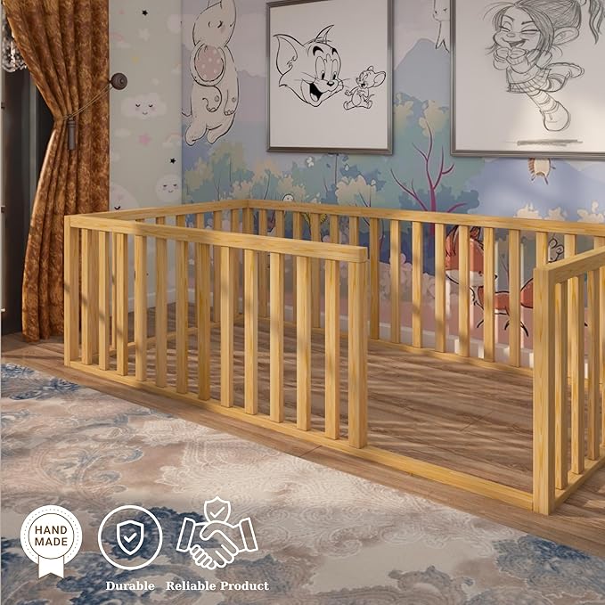 Montessori Floor Bed for Kids | Toodlers Floor Bed with Safety Guardrails | Pine Wood Baby Bed | Sturdy Wood Frame Bed for Girls and Boys (King, Height : 17 Inches)