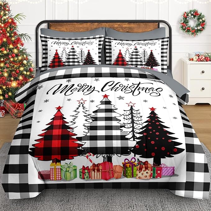 5 Pcs Twin Size Christmas Comforter Set with Pillowcase & Sham, Buffalo Check Plaid Tree Bedding for Kids and Adults, Winter Snowflake Bed in a Bag with Flat Fitted Sheet