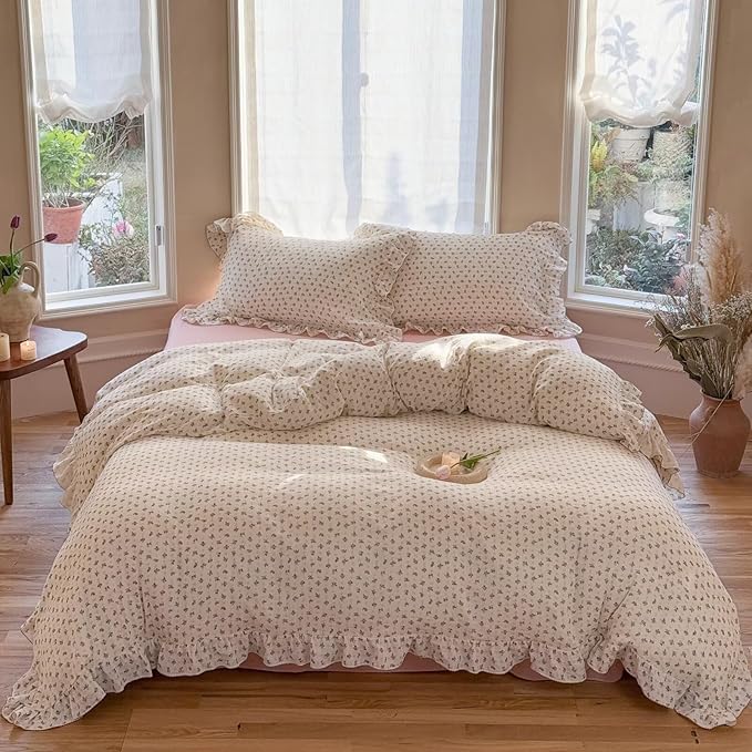 BuLuTu Muslin Cotton Duvet Cover Full, Teens Kids Ruffles Comforter Cover, Chic Shabby Pink Bellflower Print Quilt Covers 79"x90", Zipper Closure, No Pillow Case, Machine Wash