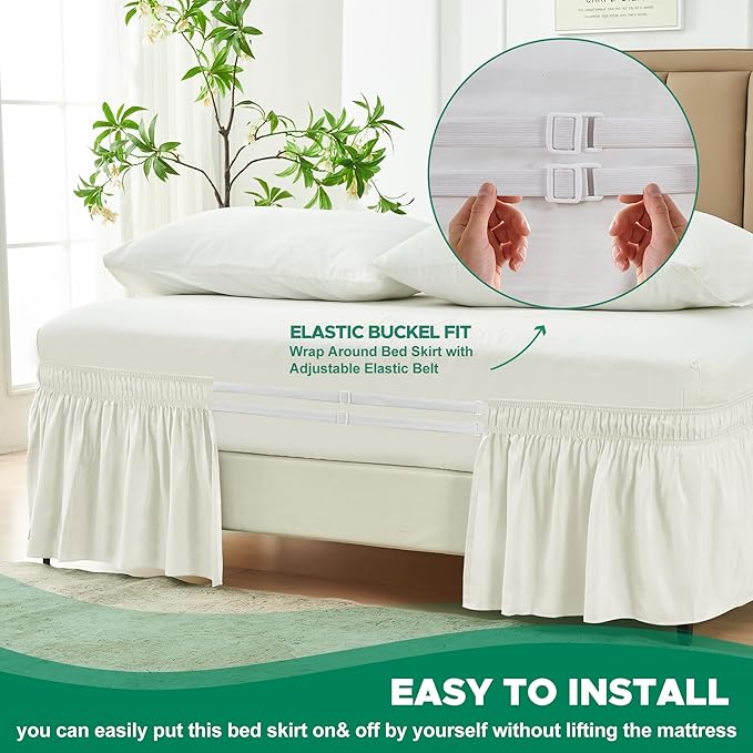 Biscaynebay Wrap Around Bed Skirts for Queen Beds with Short Drop of 12", Ivory Adjustable Elastic Dust Ruffles Easy Fit Wrinkle Resistant Silky Luxurious Fabric Machine Washable