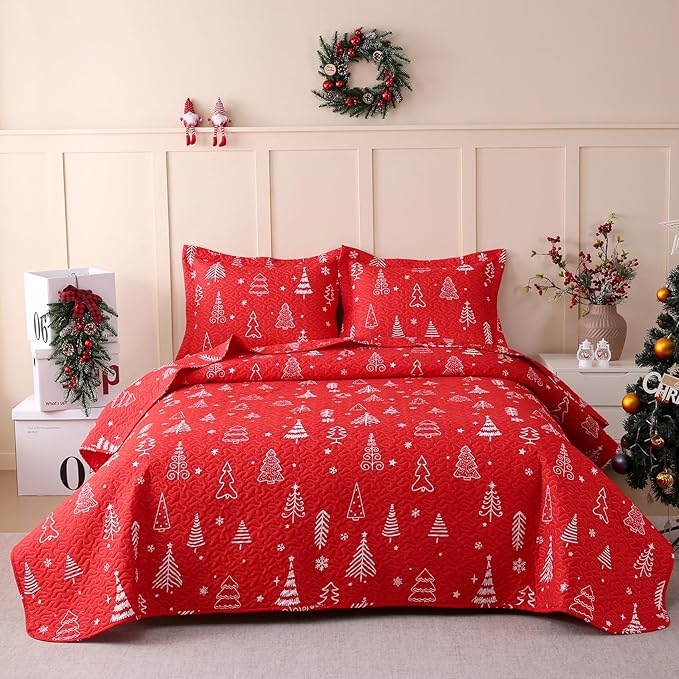 JSD 3 Pcs Kids Christmas Quilt Set Full/Queen, Red Christmas Tree Bedding, Soft Microfiber Bedspread Coverlet Holiday Quilted Blanket