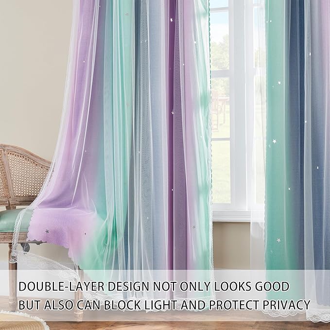 XiDi Purple Grey Green Short Curtains for Girls Bedroom 2 Panels Set, Rainbow Blackout Curtains for Kids Room Decor, Unicorn Wall Decals Grommet Drapes for Nursery 45 Inches Long 34 Inches Wide
