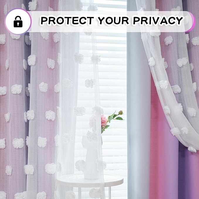 MYSKY HOME Double Layer Curtains for Girls Bedroom Pink Purple Curtains for Daughter Room Ombre Kids Curtains White Pom Pom Sheer Drapes 63 Inches Length Room Darkening Grommet 2 Panels W52 X L63