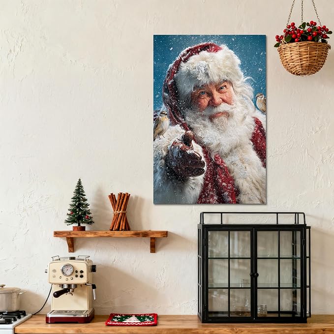YONICA Christmas Canvas Wall Art Snowy Santa 24x36 Inch Winter Scene with Birds and Snowfall - Large Framed Gallery Wrapped Nature Theme