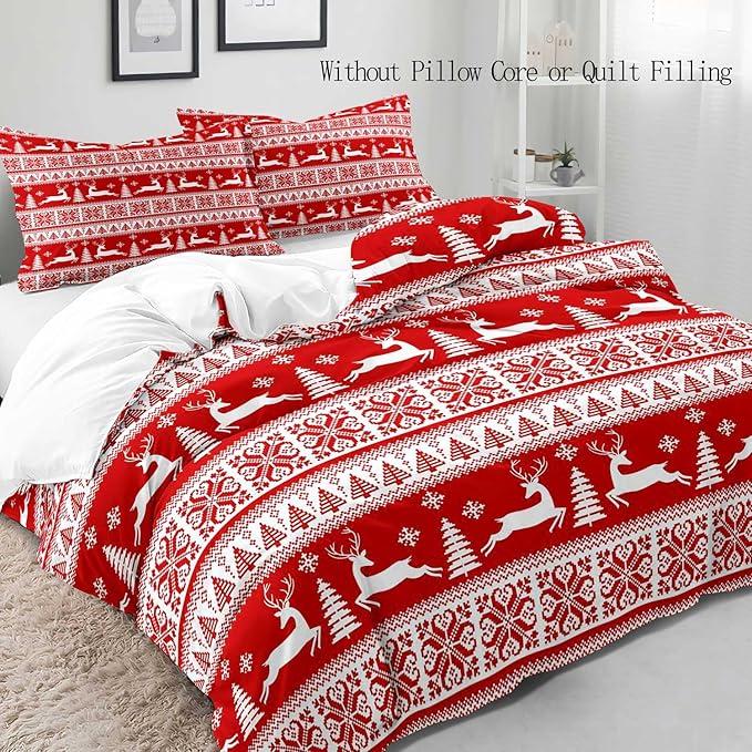LUVIVIHOME 3PCS Christmas Duvet Cover King Bedding Set, Red Duvet Cover, White Reindeer Snowflake Christmas Tree Winter Holiday New Year Xmas Striped Christmas Comforter Quilt Cover, 2 Pillow Shams