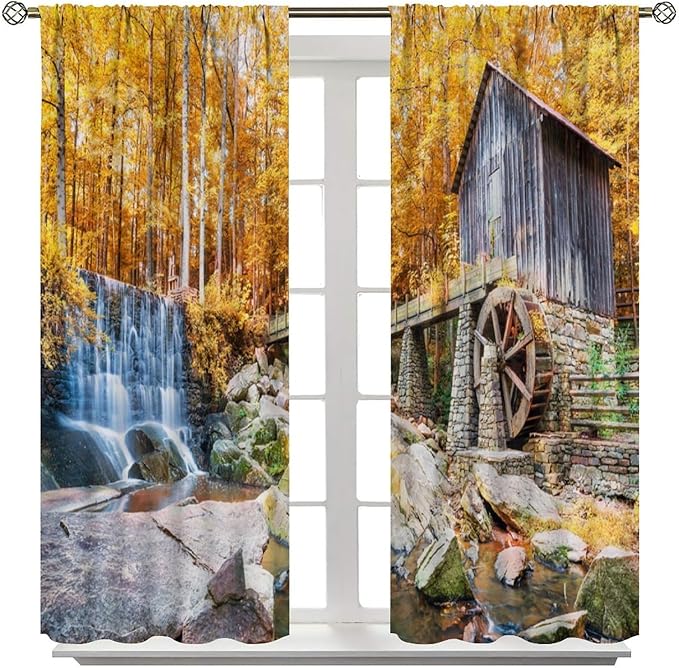 Autumn Waterfall Blackout Curtains, Landscape Fall Waterfall Outdoor Nature Art Window Drapes, for Bedroom Living Room 63" W X 63" L