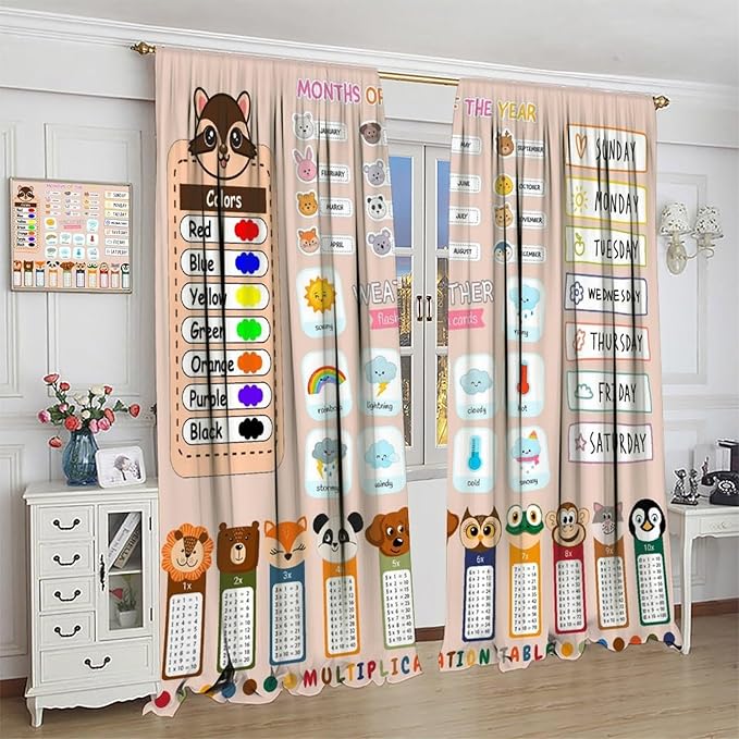 Funny Kids Educational Alphabet Curtain Cartoon Colorful Weather Multiplication Table Printed Rod Pocket Blackout Window Treatments for Bedroom Living Room 55" W X 63" L