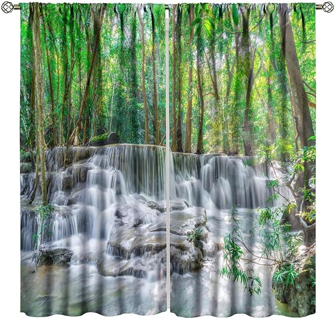 Forest Waterfall Blackout Curtains, Scene Nature Theme Mountain Stream Scenery Print Window Drapes, for Bedroom Living Room 42" W X 63" L