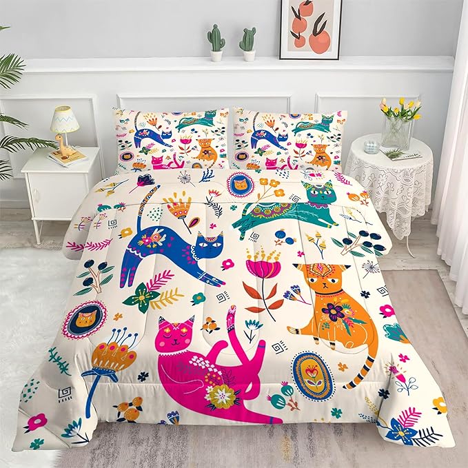 Cat Comforter Set Full : Cute Floral Cats Full Size Bedding Sets for Girls Kids Teens Children Cartoon Flowers Kawaii Animals Print Quilt Duvet Bed Set with 1 Comforter & 2 Pillowcases