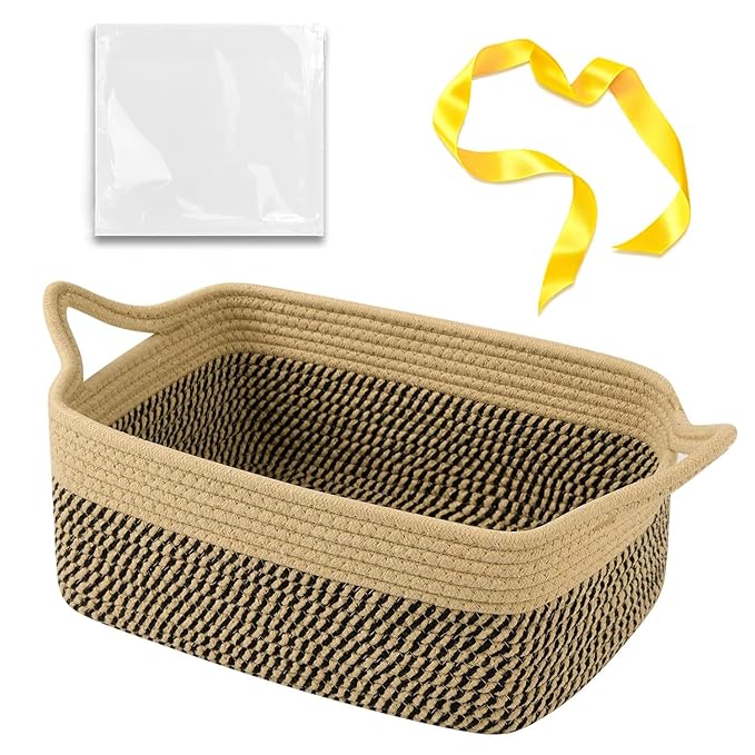 OIAHOMY Small Woven Rope Basket with Gift Bags and Ribbons, Gift Basket Empty for Baby Shower Birthday, Halloween, Christmas, Cute Cat Ear Handles for Shelf Living Room Bathroom, Grey & White