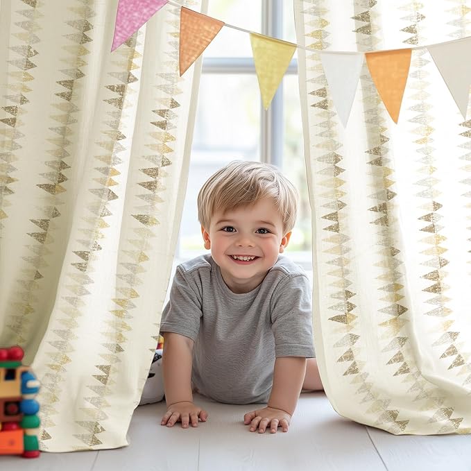 jinchan Linen Nursery Curtains for Living Room Boho Curtains for Bedroom Kids Room 84 Inches Long Geometric Printed Farmhouse Drapes Rod Pocket Window Treatment Curtain Set of 2 Panels Taupe Gray