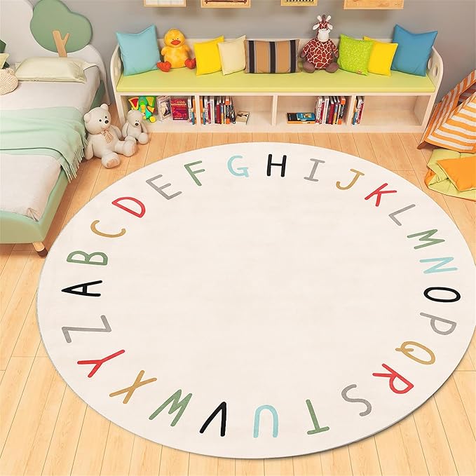 Children's Round Play Rug,4ft,ABC Letter Educational Rug, Soft and Fluffy Imitation Cashmere Rug, Non-Slip Washable Floor Mat for Children's Room, Suitable for Nursery, Classroom, Playroom