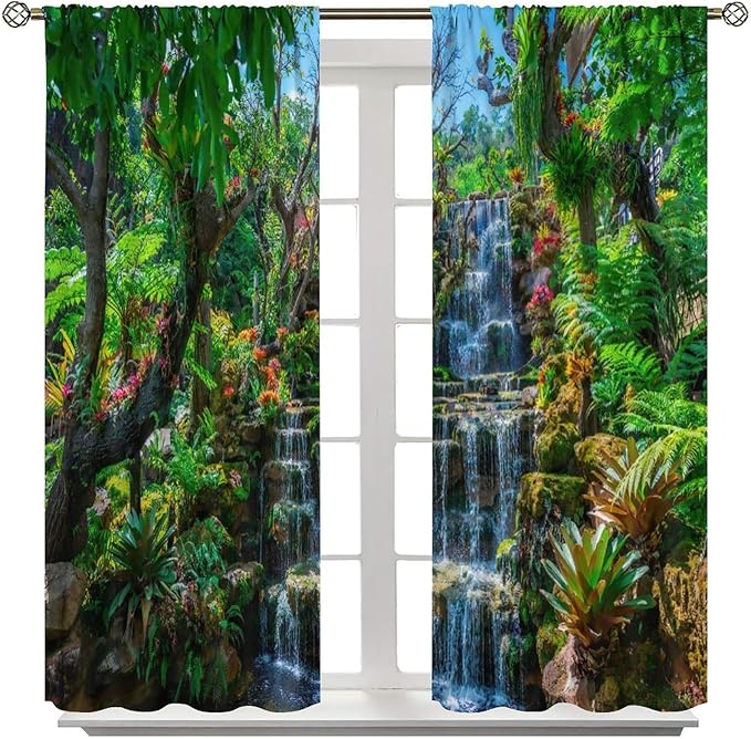 Waterfall Blackout Window Curtains, Spring Forest Nature Landscape Theme Pattern Print Window Drapes, for Living Room Bedroom 84x84in