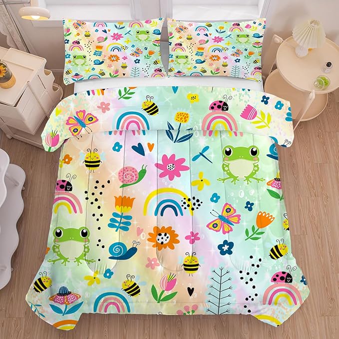 Rainbow Comforter Sets Full Size Cartoon Frogs Bedding Sets for Girls Kids Teens Boys Flowers Butterfly Bees Snails Insects Cute Kawaii Quilt 1 Comforter + 2 Pillow Cases