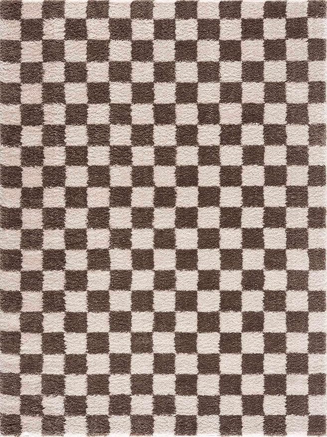 Hauteloom Canika Modern Checkered High Pile Area Rug - Contemporary Geometric Carpet for Living Room, Bedroom - Machine Washable Area Rug - Off-White, Dark Brown - 7'10" x 10'