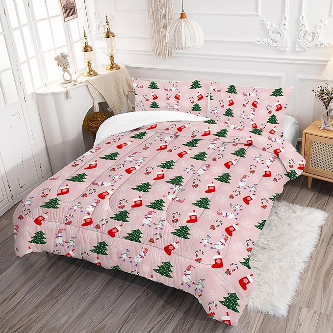Comforter Set Pink Christmas: King Size Xmas Snowman Bedding Sets Cute Green Christmas Tree Snowflake Candy Cane Quilts Festival Decor Bed Set 1 Comforter & 2 Pillowcases