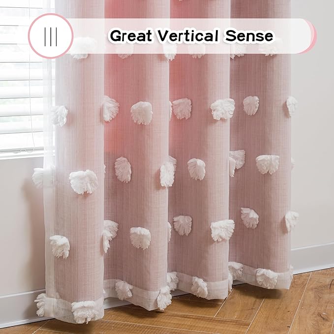 MYSKY HOME Pink Curtains for Girls Bedroom 54 Inches Long Kids Curtain with White Pom Pom Sheer Short Curtains for Windows 2 Layered Drapes Grommet Room Darkening Nursey Curtain, 2 Panels, W52 X L54
