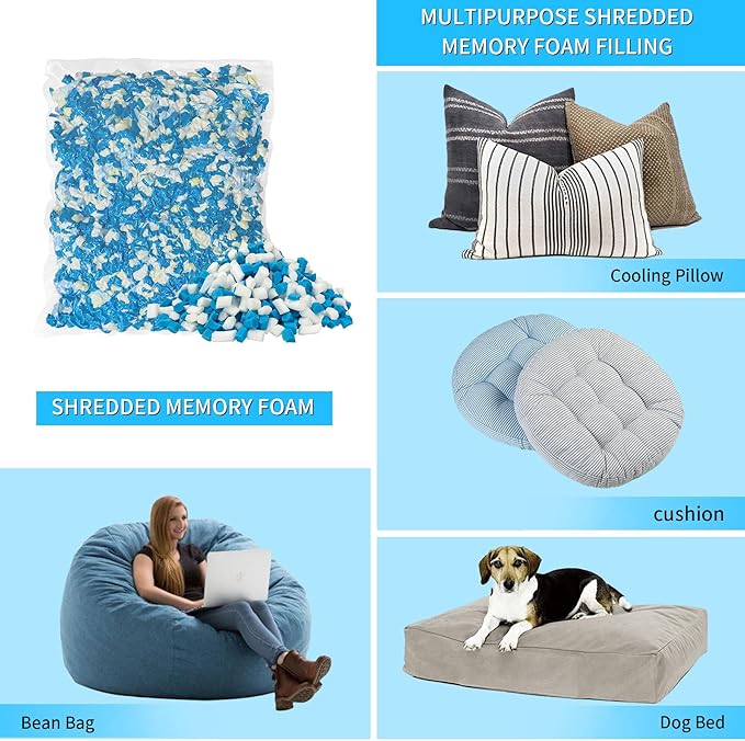 6LBS Shredded Memory Foam Filling Bean Bag Filler, Added Gel Particles Comfortable and Soft,Very Suitable for Filling Bean Bags, Pillows,Dog beds, Couch Cushion