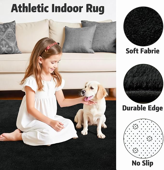 Chicrug 6x9 Minimalist Washable Area Rugs for Bedroom Living Room Classroom, Modern Soft Memory Foam Rug for Kids Nursery, Low Plie Indoor Carpet for Dorm Dining Office Bedside Room Decor, Black