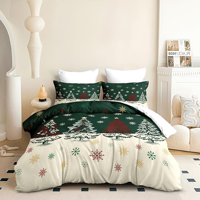 Christmas Duvet Cover Full Size Green Christmas Tree Bedding Set Kids Boys Girls Xmas Holiday Cartoon Snowflake Comforter Cover 3 Pieces with Zipper Closure (No Comforter)