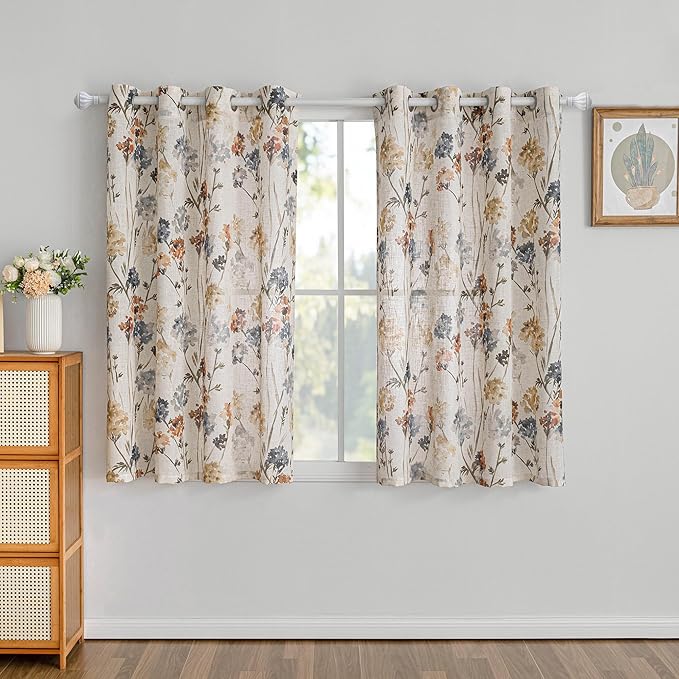 MYSKY HOME Floral Linen Curtains 45 inch Length 2 Panels Set Fall Patterned Semi Sheer Light Filtering Privacy Farmhouse Grommet Drapes, Yellow, 52" Wide, Pack-2