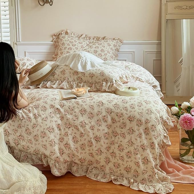 BuLuTu Cottage Pink Floral Duvet Cover King, Muslin Comforter Cover with Ruffles, Princess Bedding Quilt Cover with Zipper & Corner Ties,90"x90", No Pillow Case, Soft Breathable Lightweight