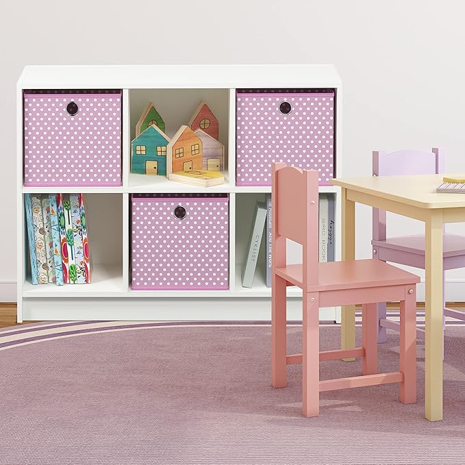 Furinno BASIC Book Shelf, 6-Cube Bookshelf, 3 x 2 Bookcase with Storage Bins, 11.9 x 31.6 x 23.6, for Living Room, Bedroom, Home Office, White/Pink