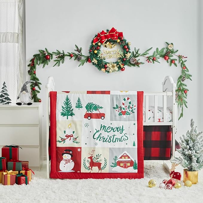 Christmas Red Crib Bedding Set 3 Pieces New Year Style Quilted Plaid Comforter with Fitted Sheet and Bed Skirt - Cute Snowman House Deer Red Gray Design Baby Crib Bed Set