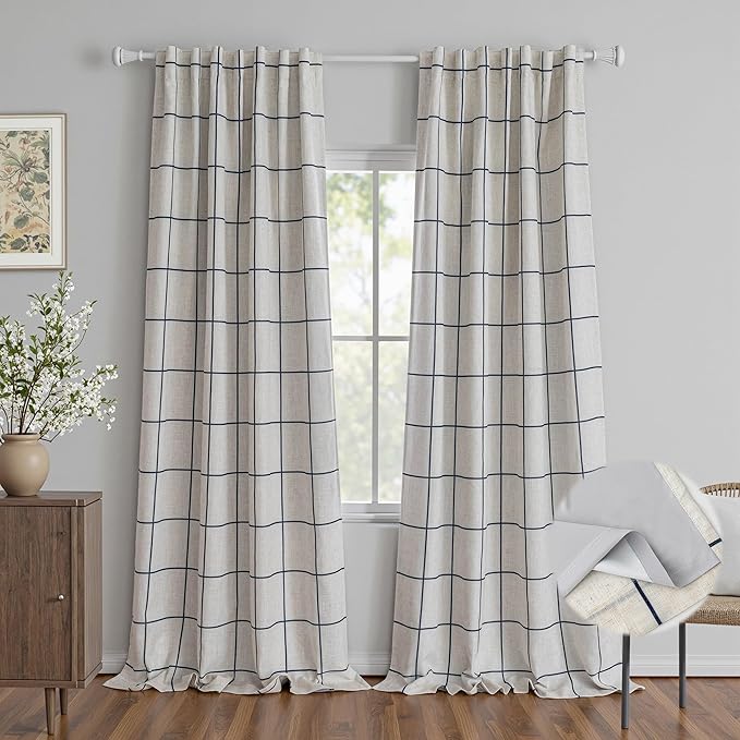 MYSKY HOME 100% Blackout Plaid Farmhouse Linen Curtains 102 Inch Length 2 Panels Set Double Layer Checkered Drapes Thermal Insulated Privacy Protection Rod Pocket Back Tab for Home, 52" W, Navy Blue