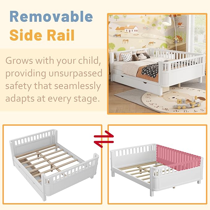Full Kids Bed with Storage Drawers & Rails, Wood Low Montessori Beds with Detachable Side Rails & Slats, Modern Daybed for Boys Girls Bedroom, Kids Full Platform Bed, White