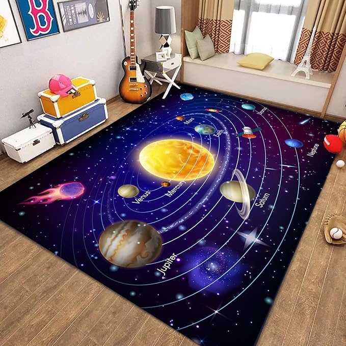 Solar System Planet Area Rug,4x6ft,Boys and Girls Room Large Play Mat, Suitable for Children's Room Bedroom, Classroom, Daycare Center, Kindergarten, Non-Slip Washable Carpet