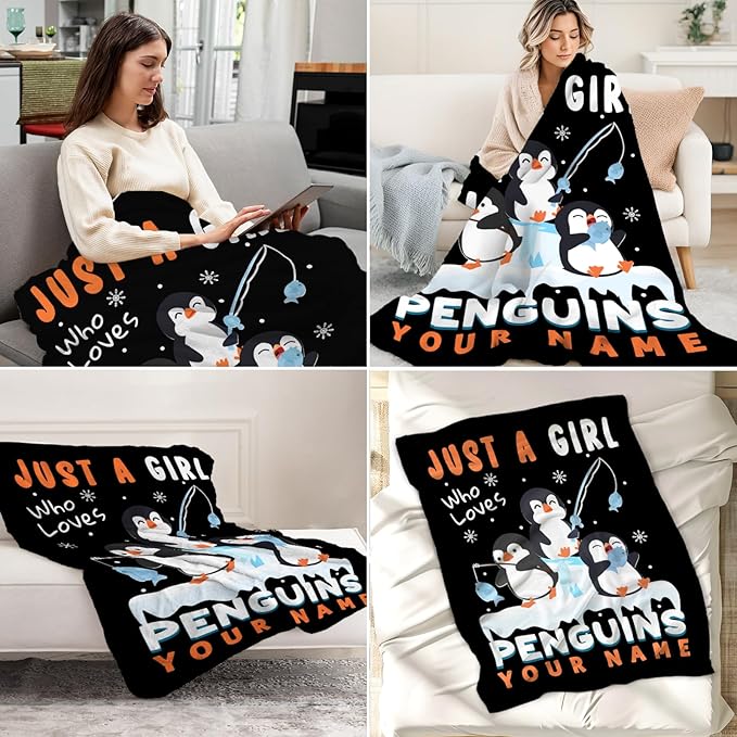 Personalized Penguin Gift for Girls - 40" x 50" Inches Cute Penguin Throw Blankets for Kids - Black Warm Cozy Blankets for Sofa, Crib & Bed