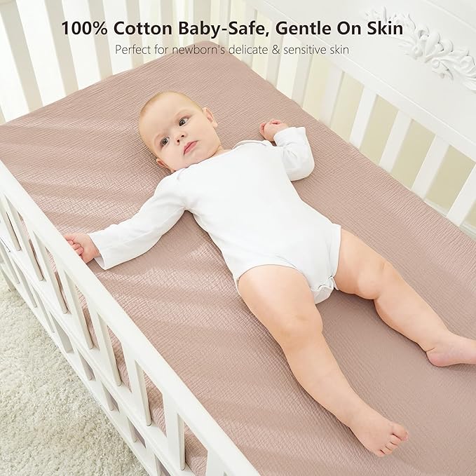 Bearmoss Muslin Mini Crib Sheets for Pack N Play Mattress - 100% Cotton - 38"x26" Soft Breathable Playard Baby Crib Sheets Neutral for Boys Girls - 2 Pack (Baby Face)