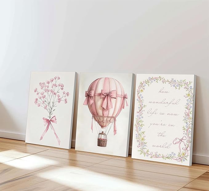 3Pcs Pink Nursery Canvas Wall Art Pictures Cute Baby Girls Room Posters Print Neutral Pink Bow Bouquet Hot Air Balloon Pastel Painting Wall Decor for Kids Room Little Girl Bedroom 12x16in Framed
