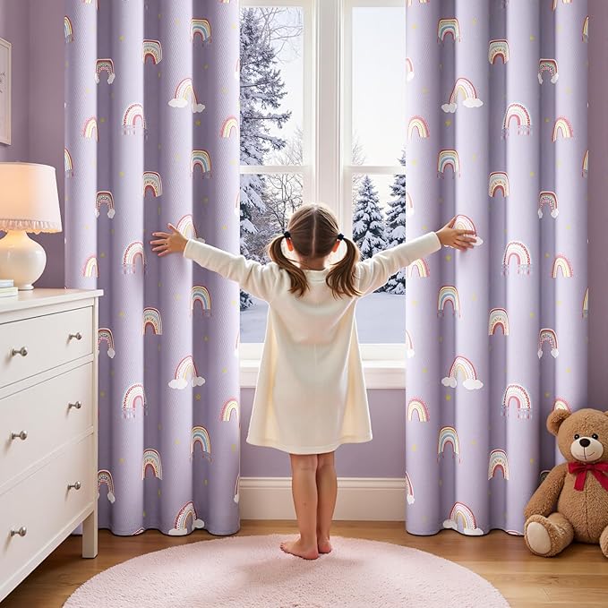 jinchan Nursery Blackout Curtains for Kids Room Rainbow Purple Curtains Cute Girls Bedroom Dorm Playroom Window Treatment Grommet Thermal Insulated Room Darkening 2 Panels 63 Inch Length