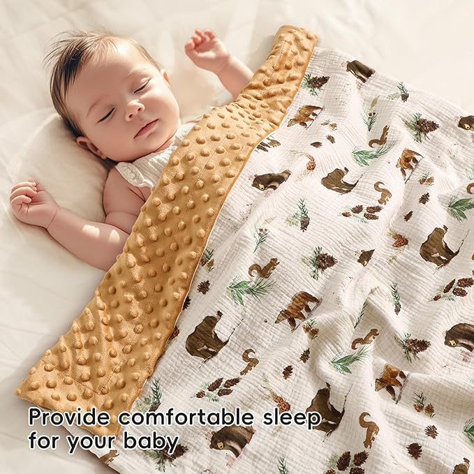 david's kids Muslin Minky Baby Blanket for Boys with Muslin Cotton Front and Dotted Fleece Backing, Breathable and Soft Lightweight Receiving Blanket for Newborns, 40x50 Inches, Woodland Animals